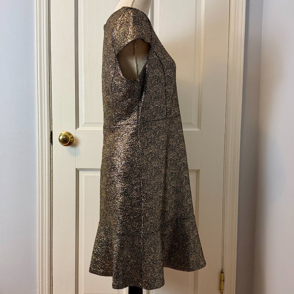 Michael Kors Metallic Black & Gold Flounce Hem Cap Sleeve Fit & Flare Dress, L - Picture 3 of 9